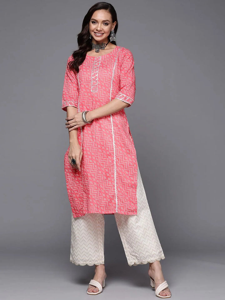 Pink Printed Cotton Straight Kurta - Libas