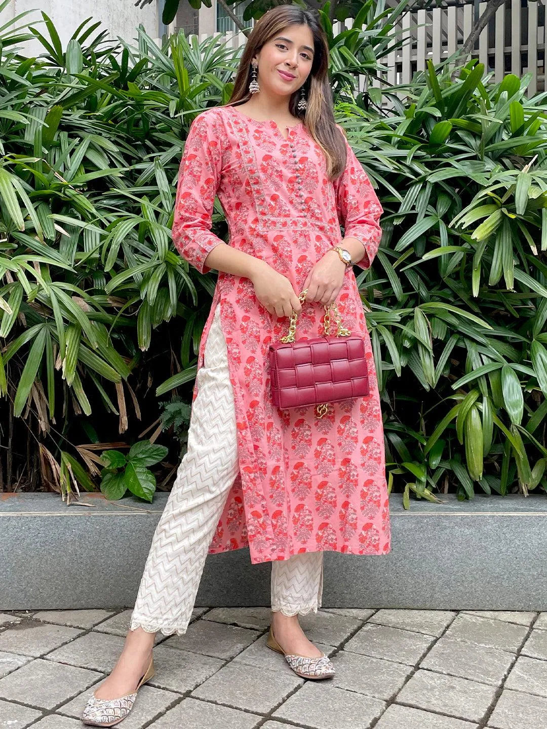 Pink Printed Cotton Straight Kurta - Libas