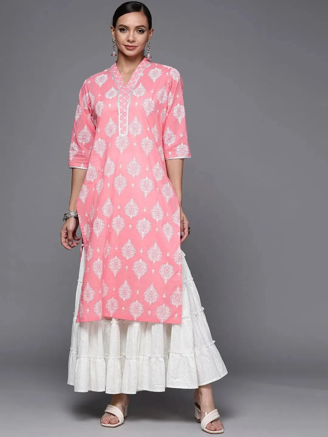 Pink Printed Cotton Straight Kurta - Libas