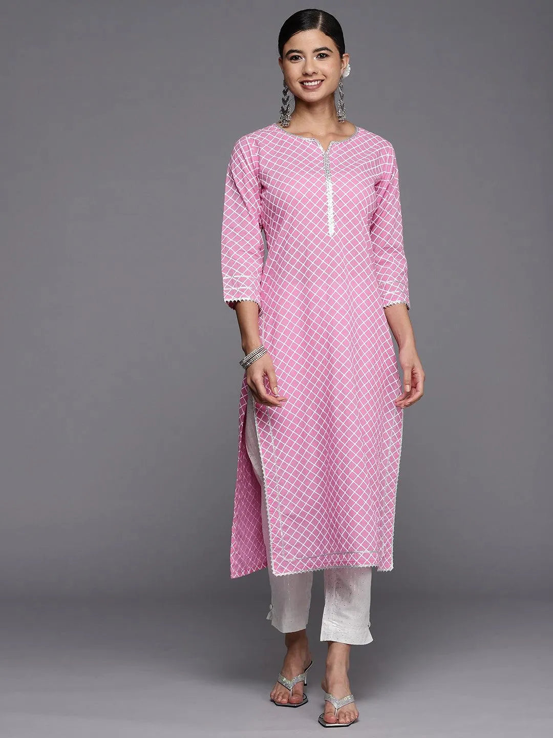 Pink Printed Cotton Straight Kurta - Libas