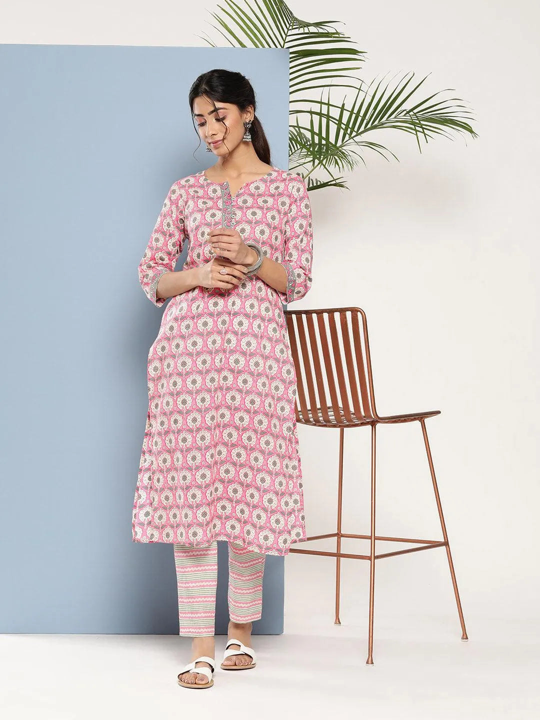 Pink Printed Cotton Straight Kurta - Libas 