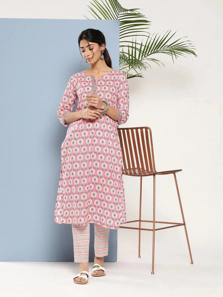 Pink Printed Cotton Straight Kurta - Libas