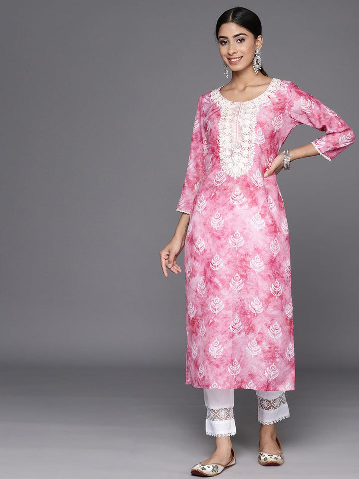 Pink Printed Cotton Straight Kurta - Libas