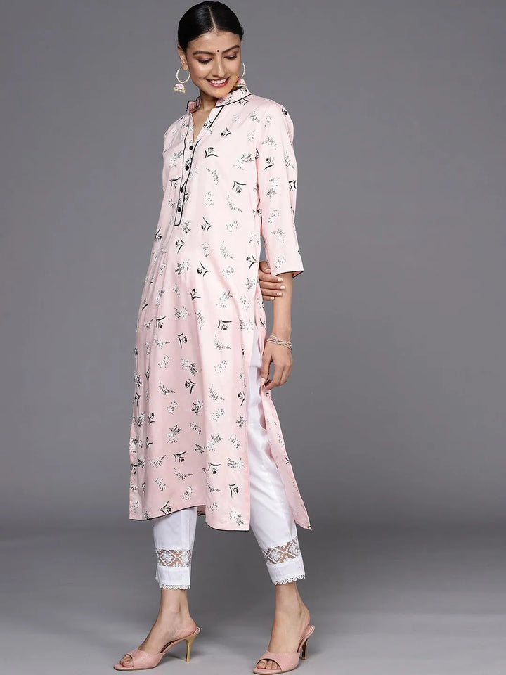 Pink Printed Cotton Straight Kurta - Libas