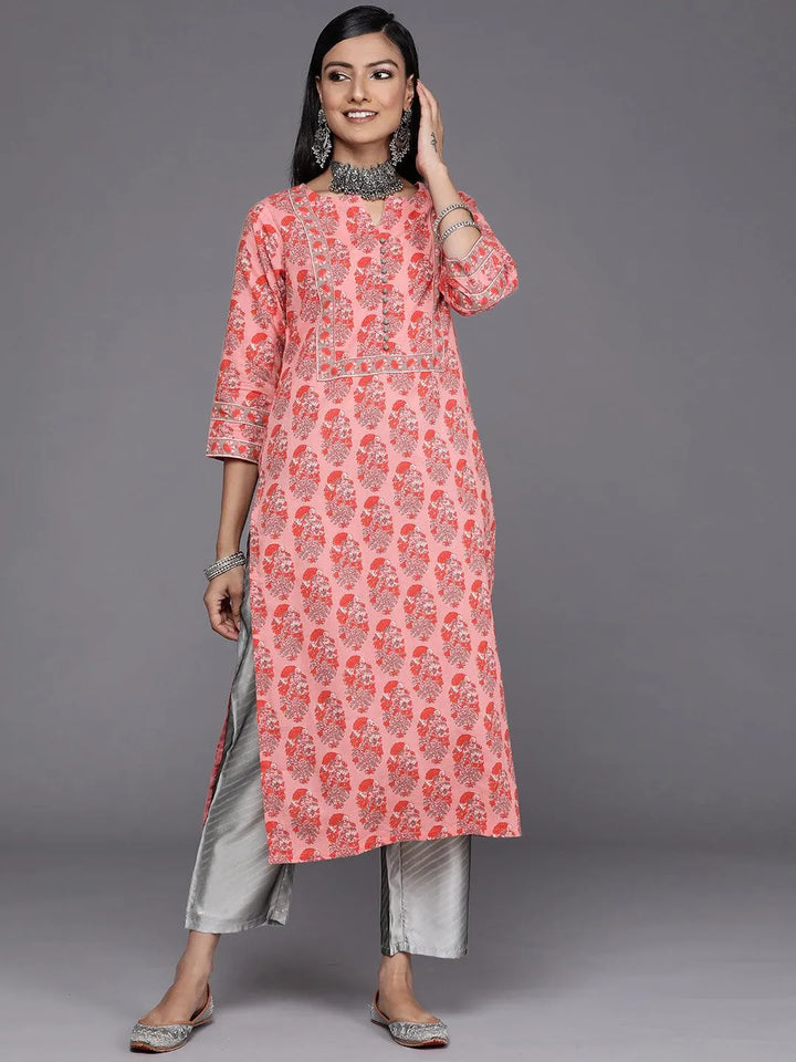 Pink Printed Cotton Straight Kurta - Libas