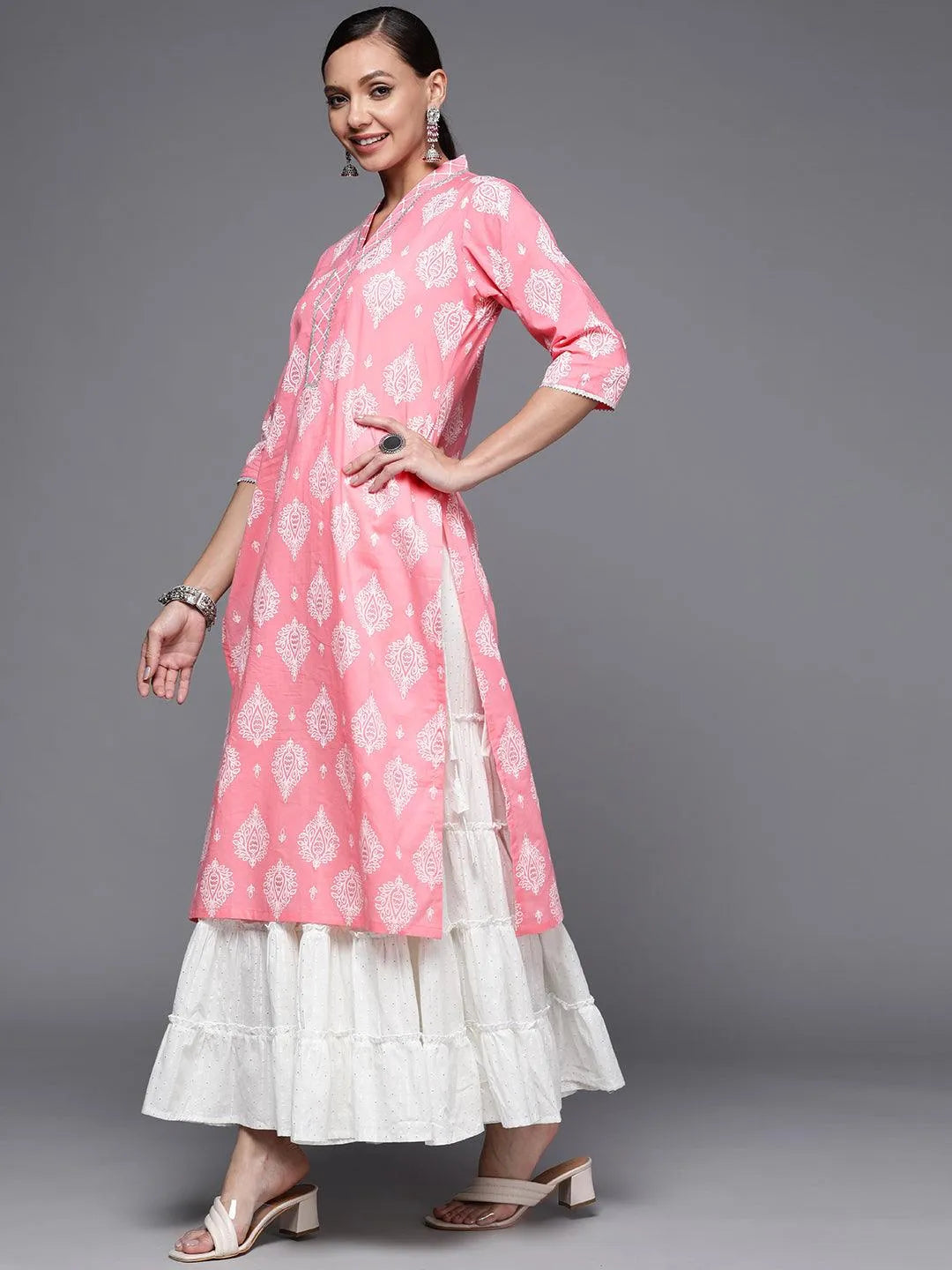 Pink Printed Cotton Straight Kurta - Libas