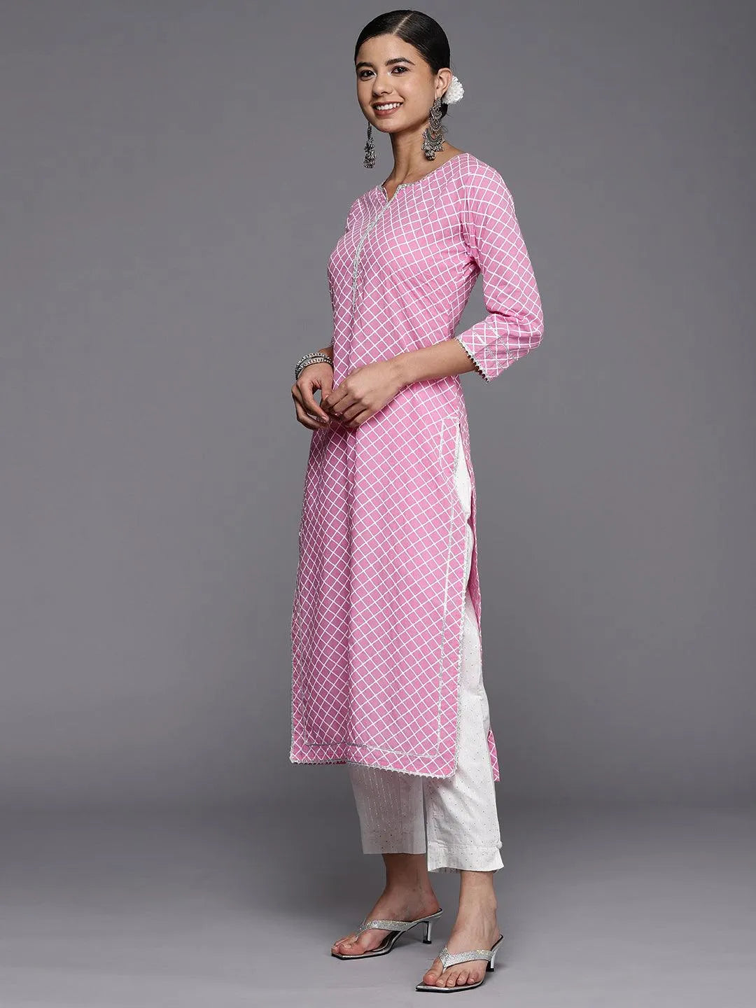 Pink Printed Cotton Straight Kurta - Libas