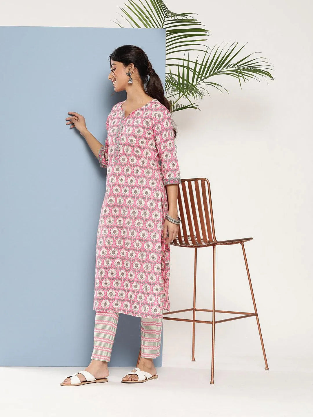 Pink Printed Cotton Straight Kurta - Libas