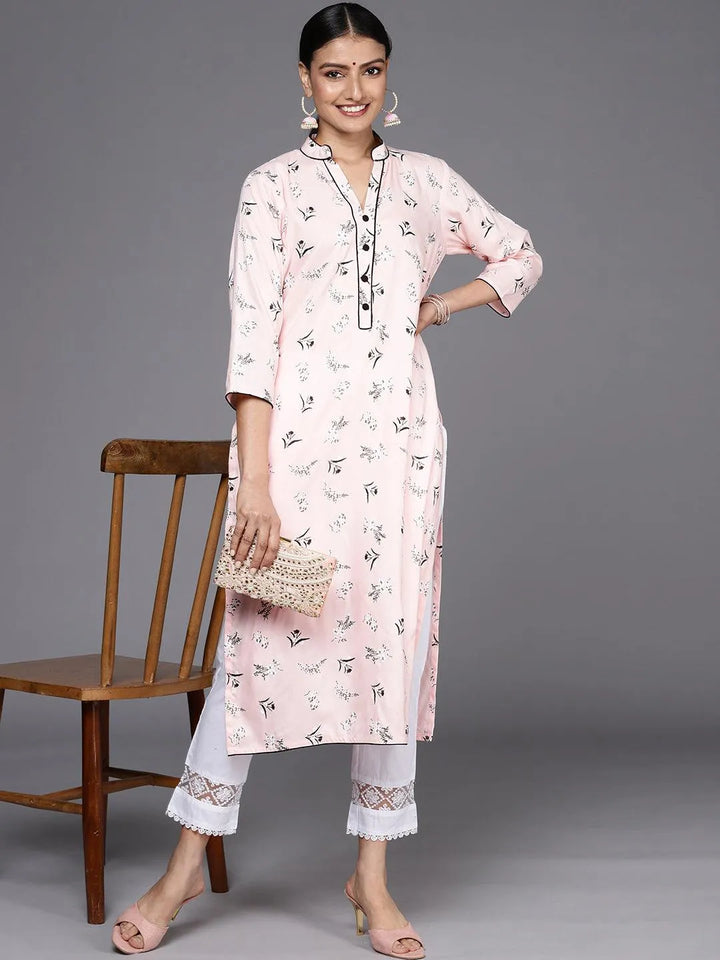 Pink Printed Cotton Straight Kurta - Libas