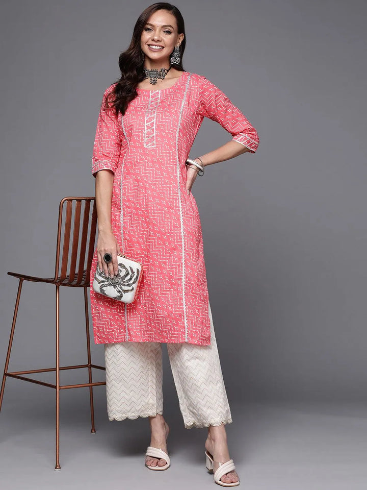 Pink Printed Cotton Straight Kurta - Libas