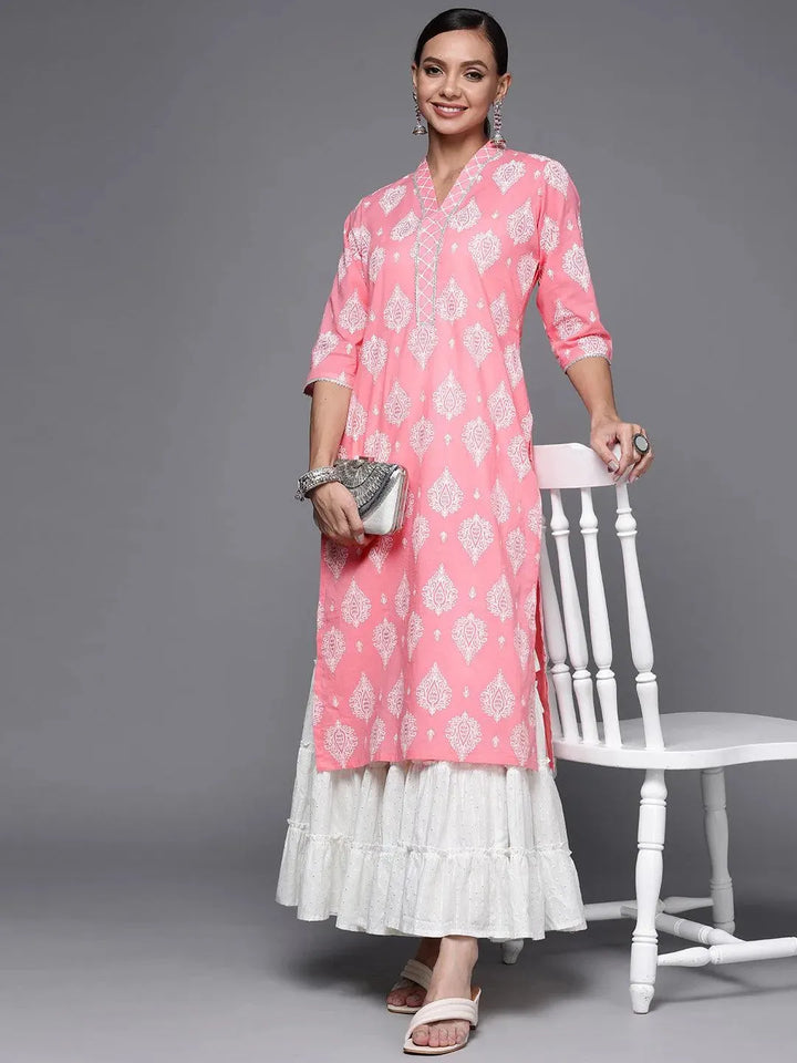 Pink Printed Cotton Straight Kurta - Libas