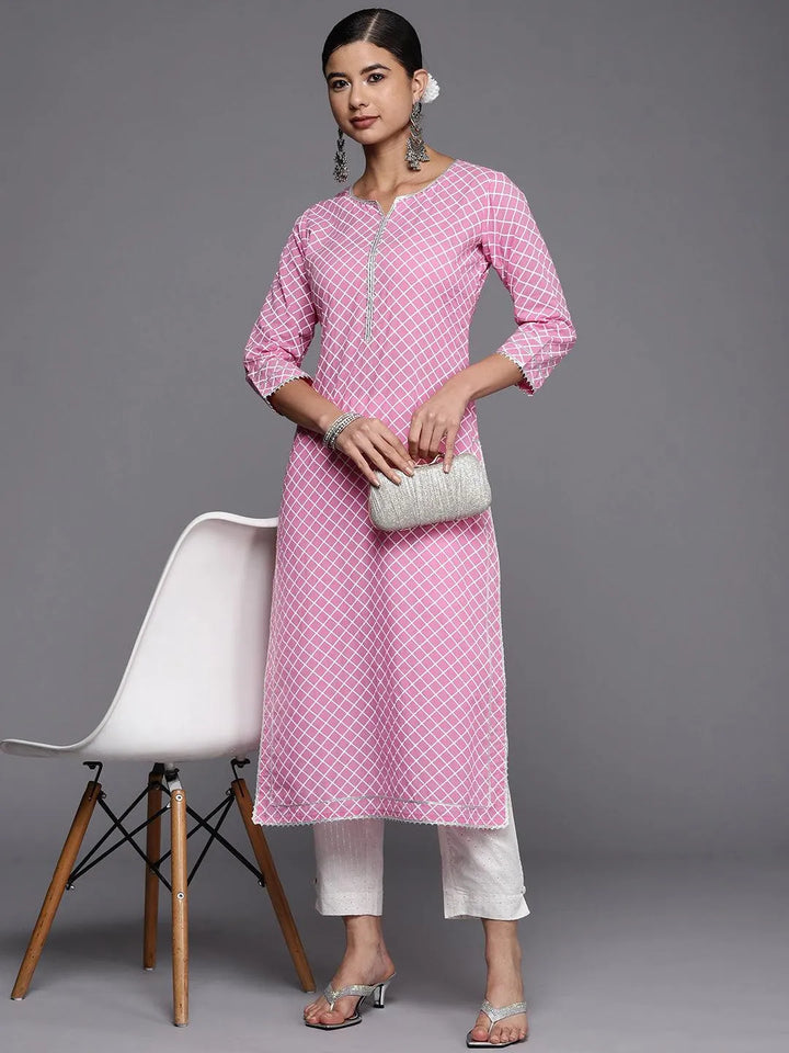 Pink Printed Cotton Straight Kurta - Libas