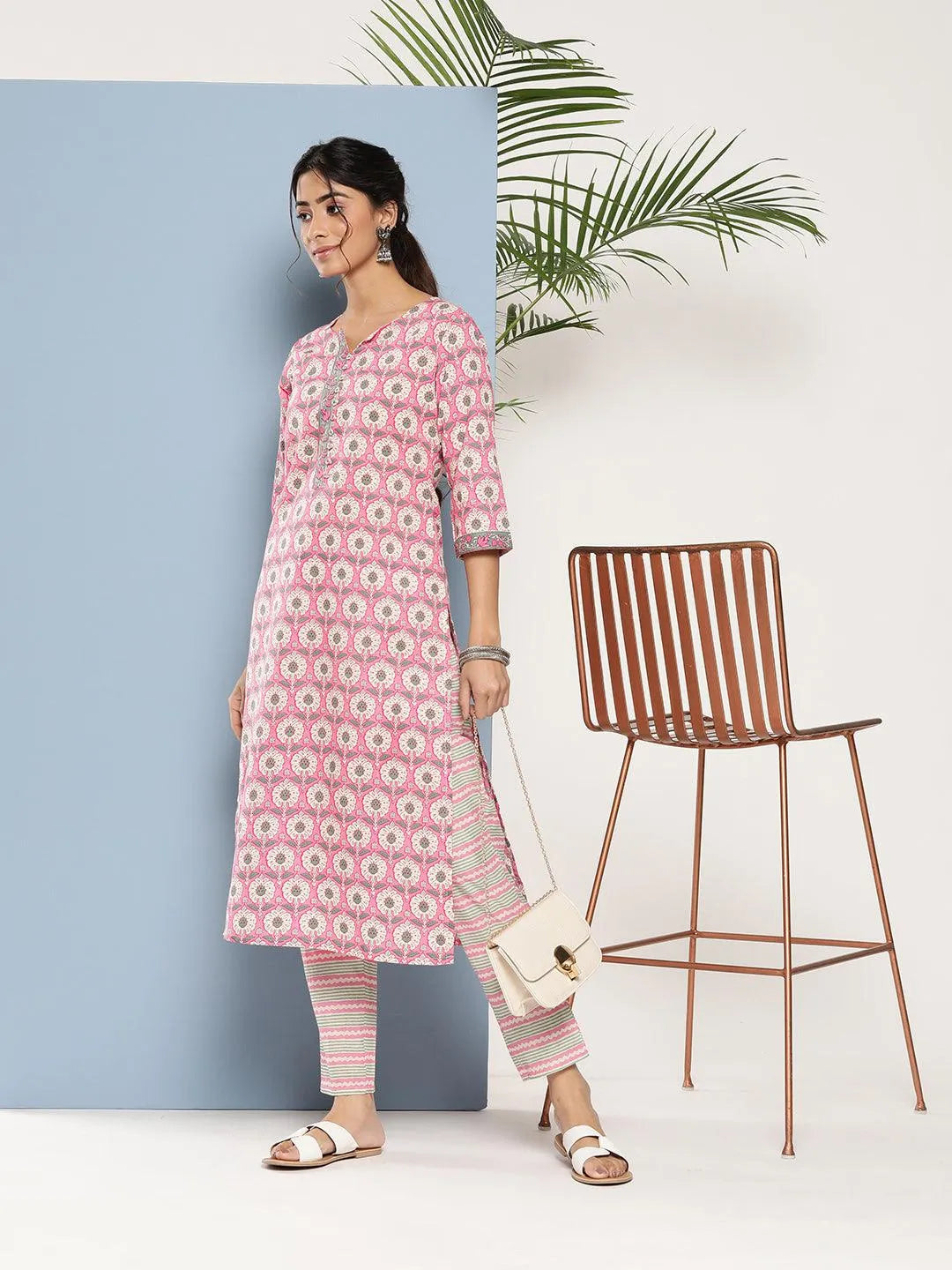 Pink Printed Cotton Straight Kurta - Libas 