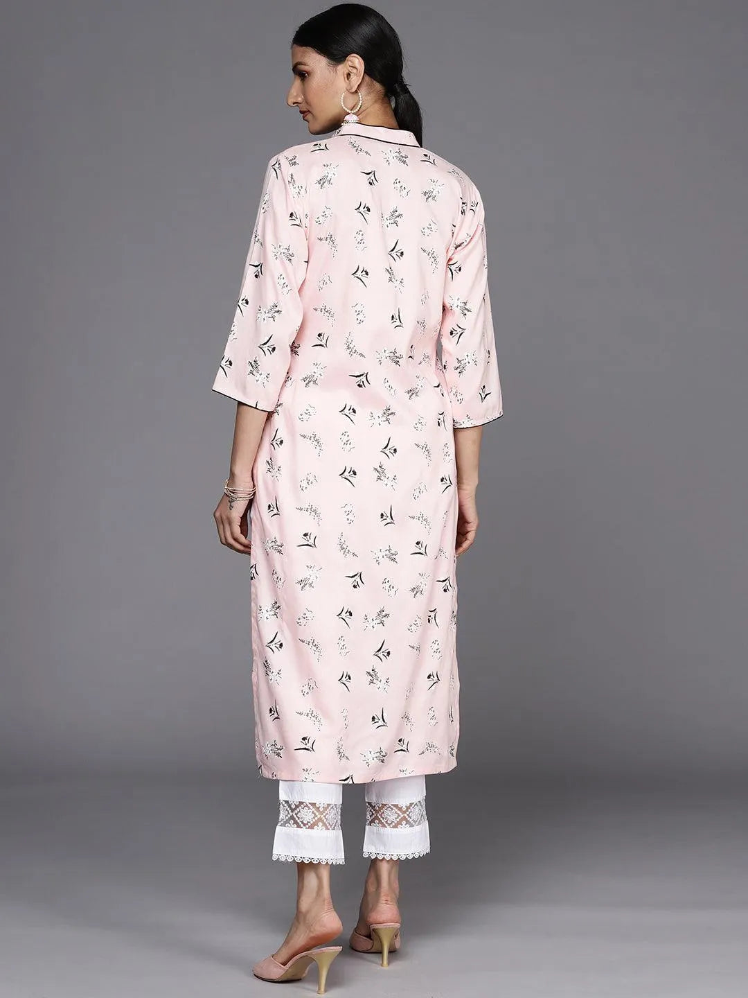 Pink Printed Cotton Straight Kurta - Libas