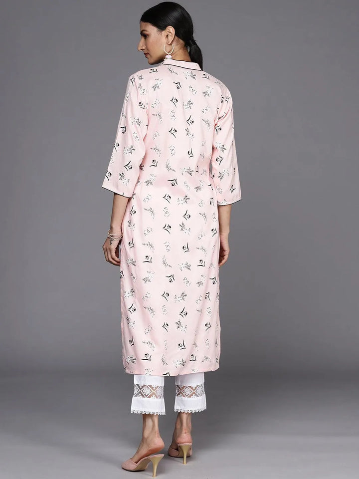 Pink Printed Cotton Straight Kurta - Libas