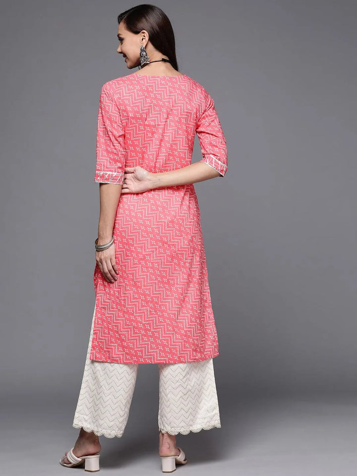 Pink Printed Cotton Straight Kurta - Libas