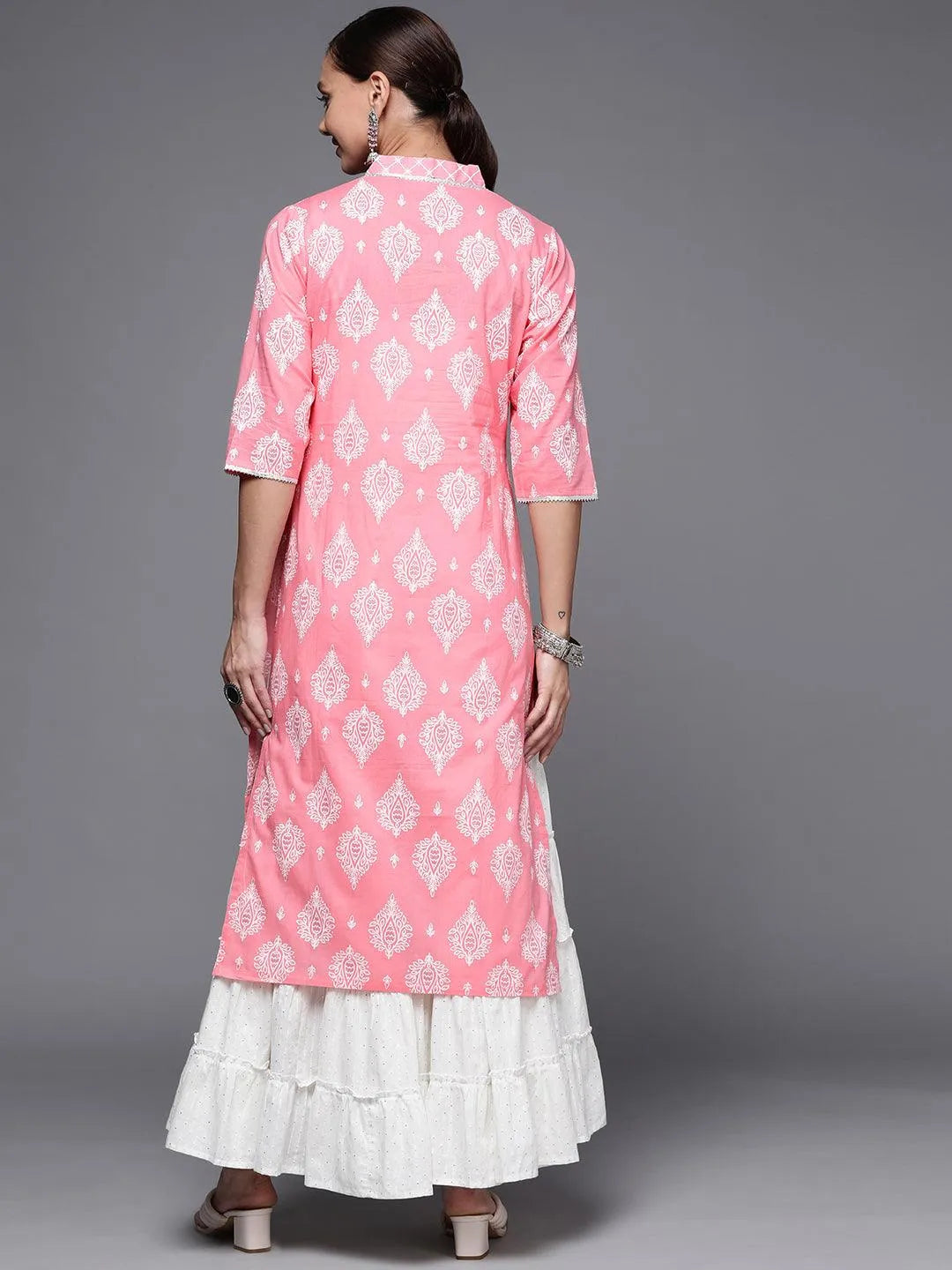 Pink Printed Cotton Straight Kurta - Libas