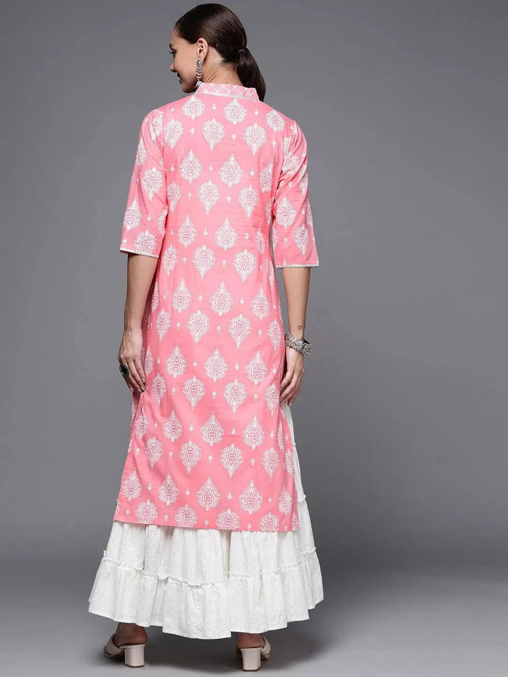 Pink Printed Cotton Straight Kurta - Libas