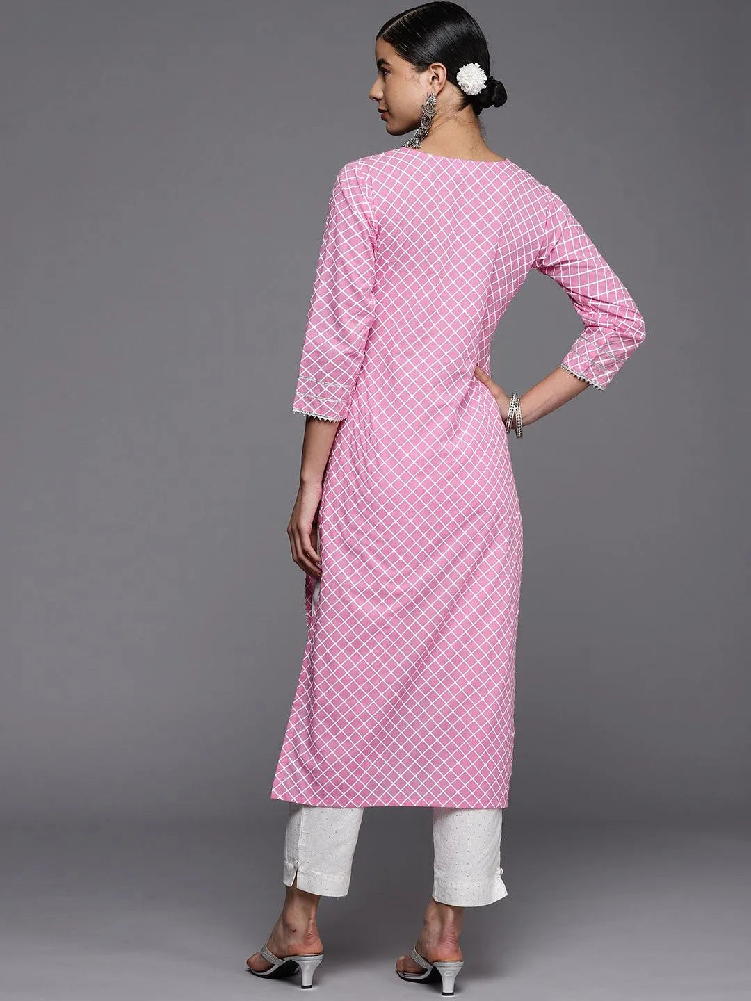 Pink Printed Cotton Straight Kurta - Libas