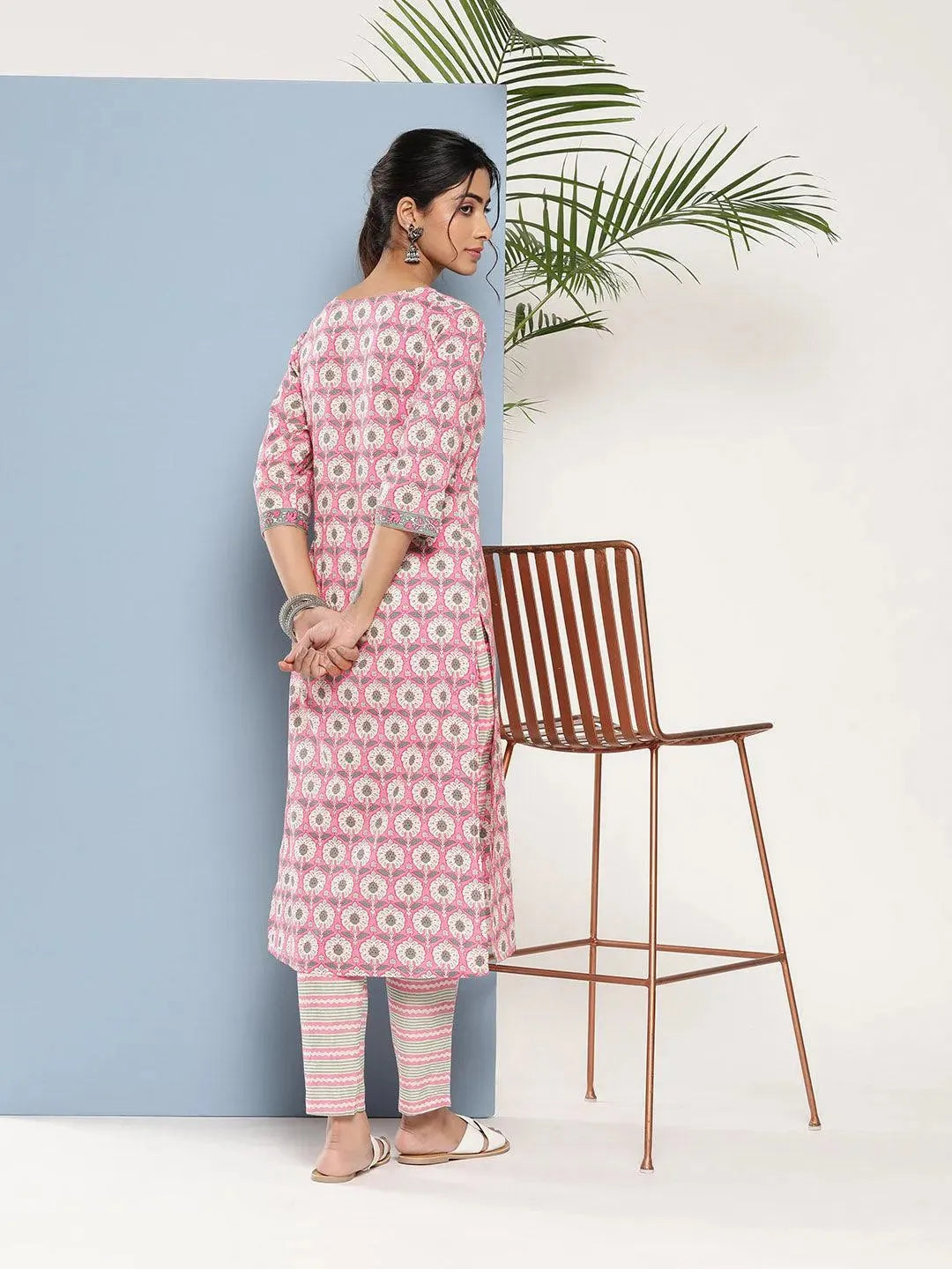 Pink Printed Cotton Straight Kurta - Libas 