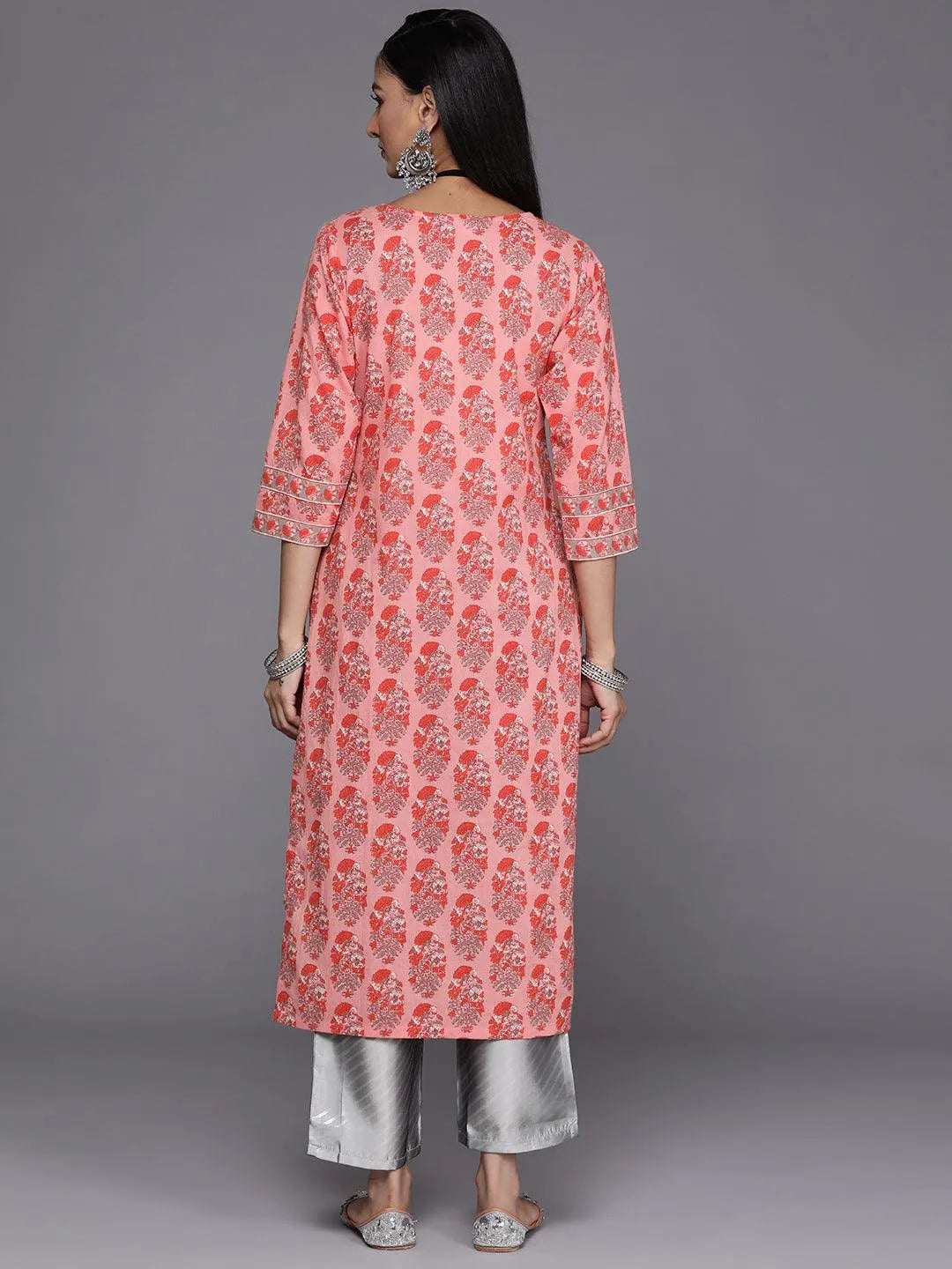 Pink Printed Cotton Straight Kurta - Libas