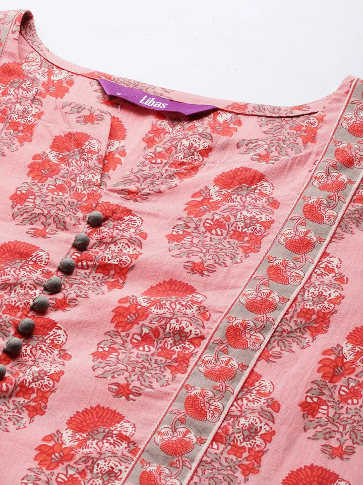 Pink Printed Cotton Straight Kurta - Libas