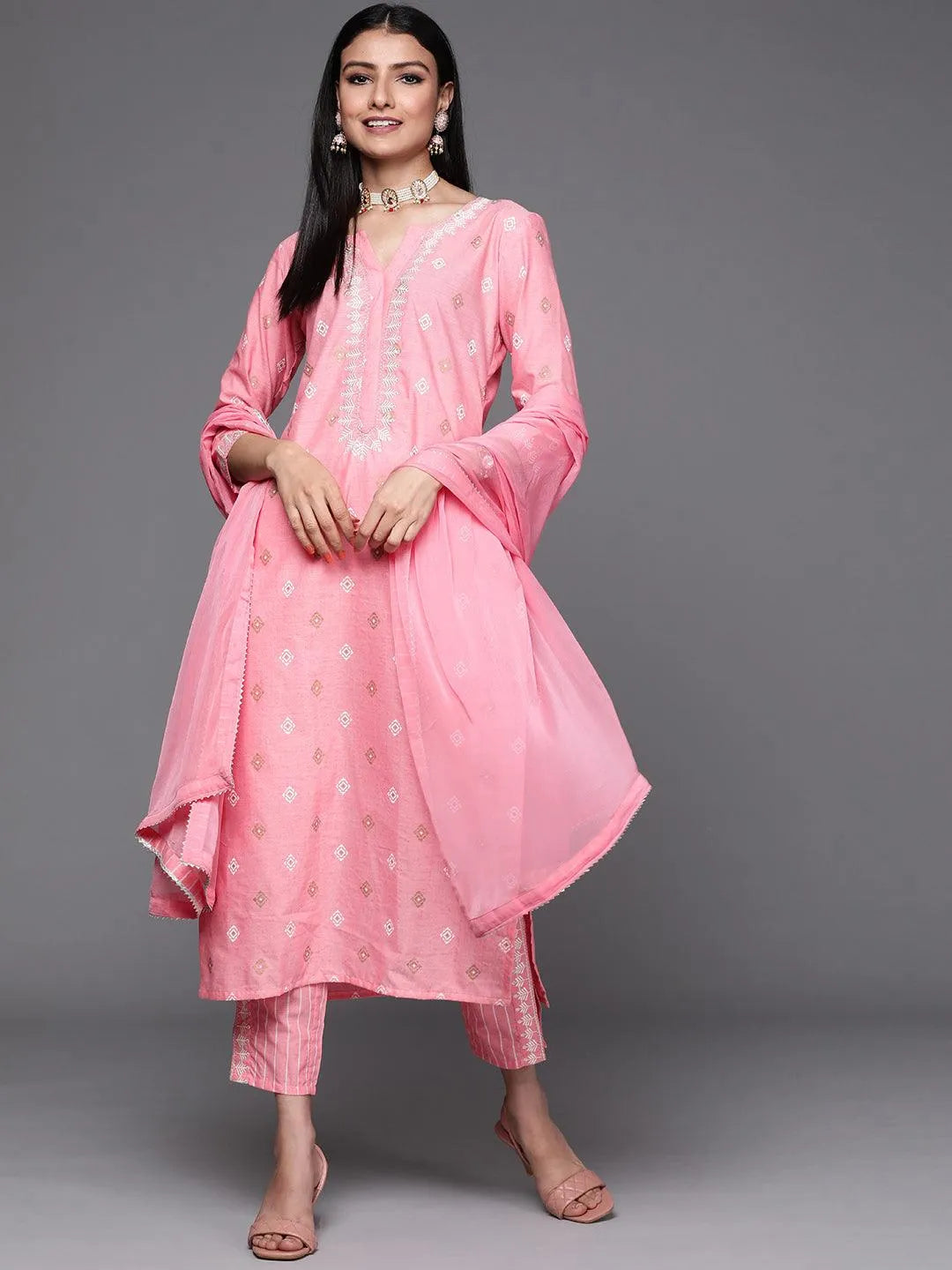 Pink Printed Cotton Suit Set - Libas