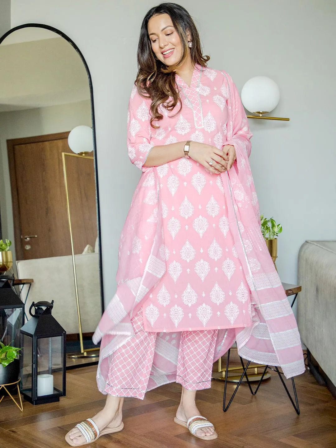 Pink Printed Cotton Straight Suit Set - Libas