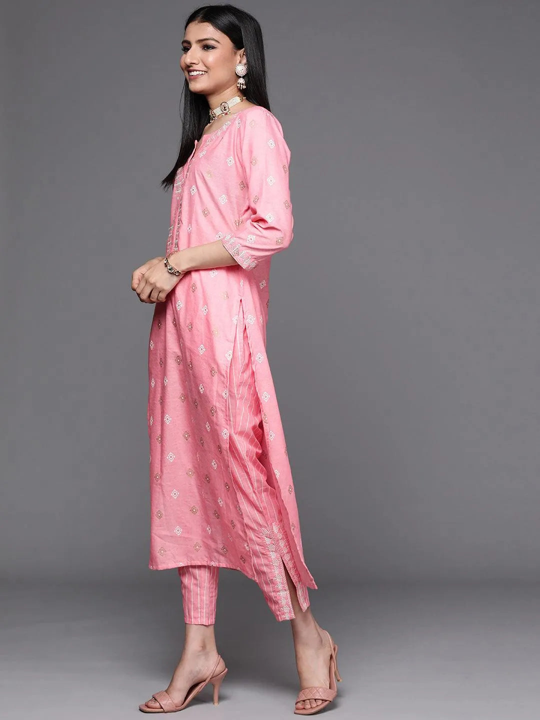 Pink Printed Cotton Suit Set - Libas 