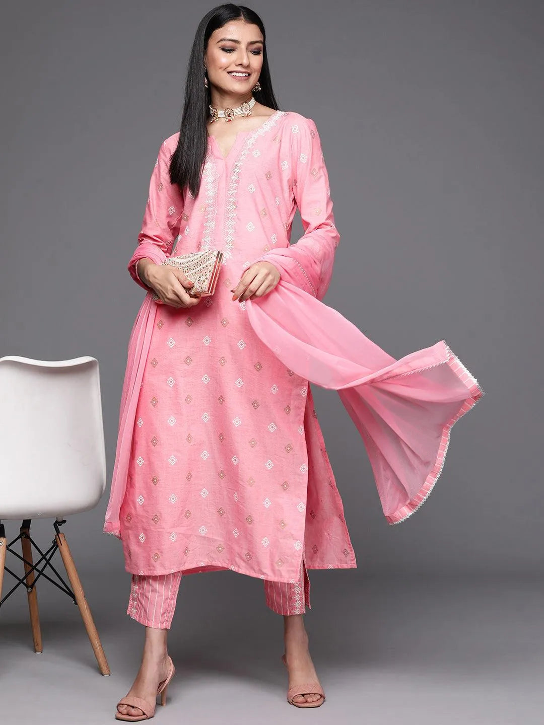 Pink Printed Cotton Suit Set - Libas 