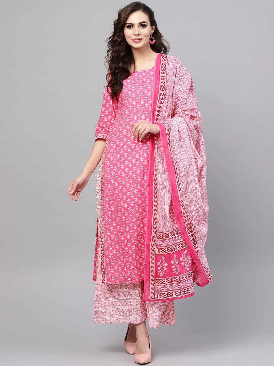 Pink Printed Cotton Suit Set - Libas 