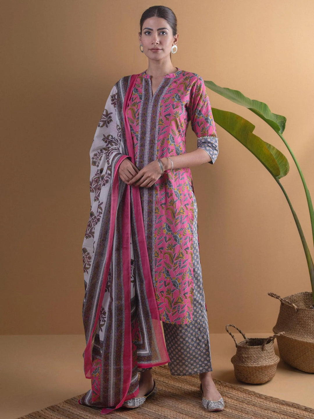 Pink Printed Cotton Suit Set - Libas 