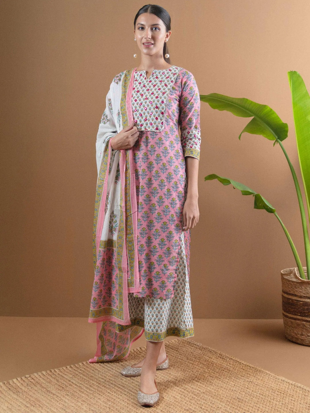 Pink Printed Cotton Suit Set With Mask - Libas 