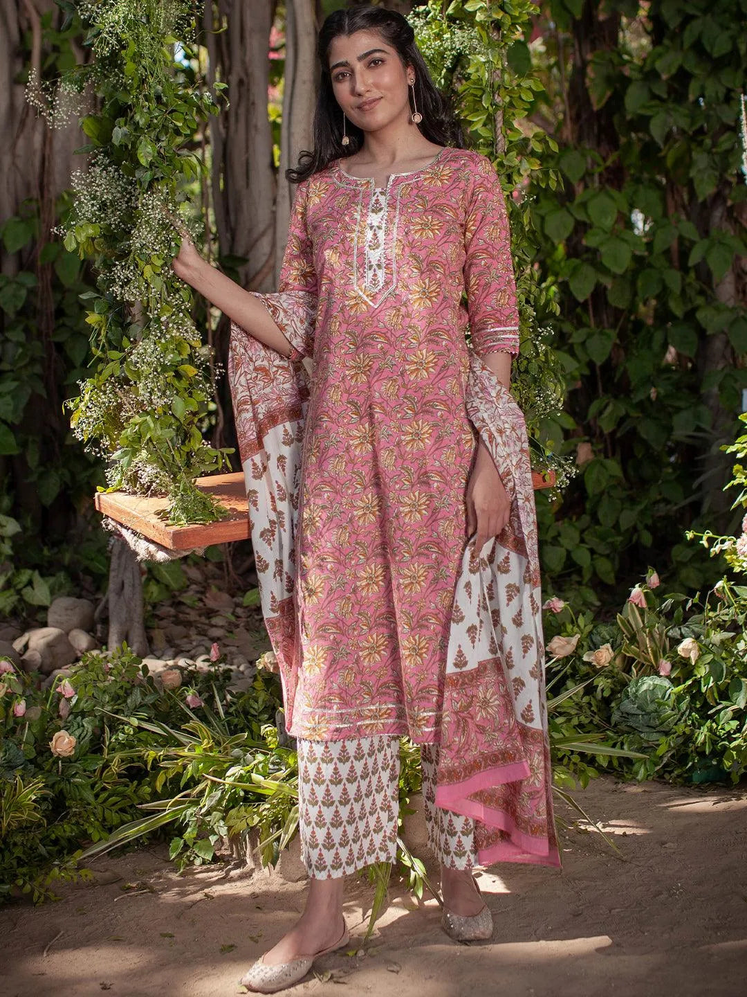 Pink Printed Cotton Suit Set - Libas 