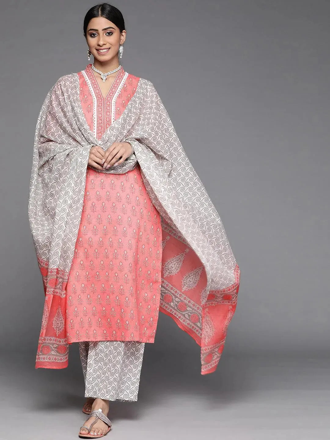 Pink Printed Cotton Suit Set - Libas 