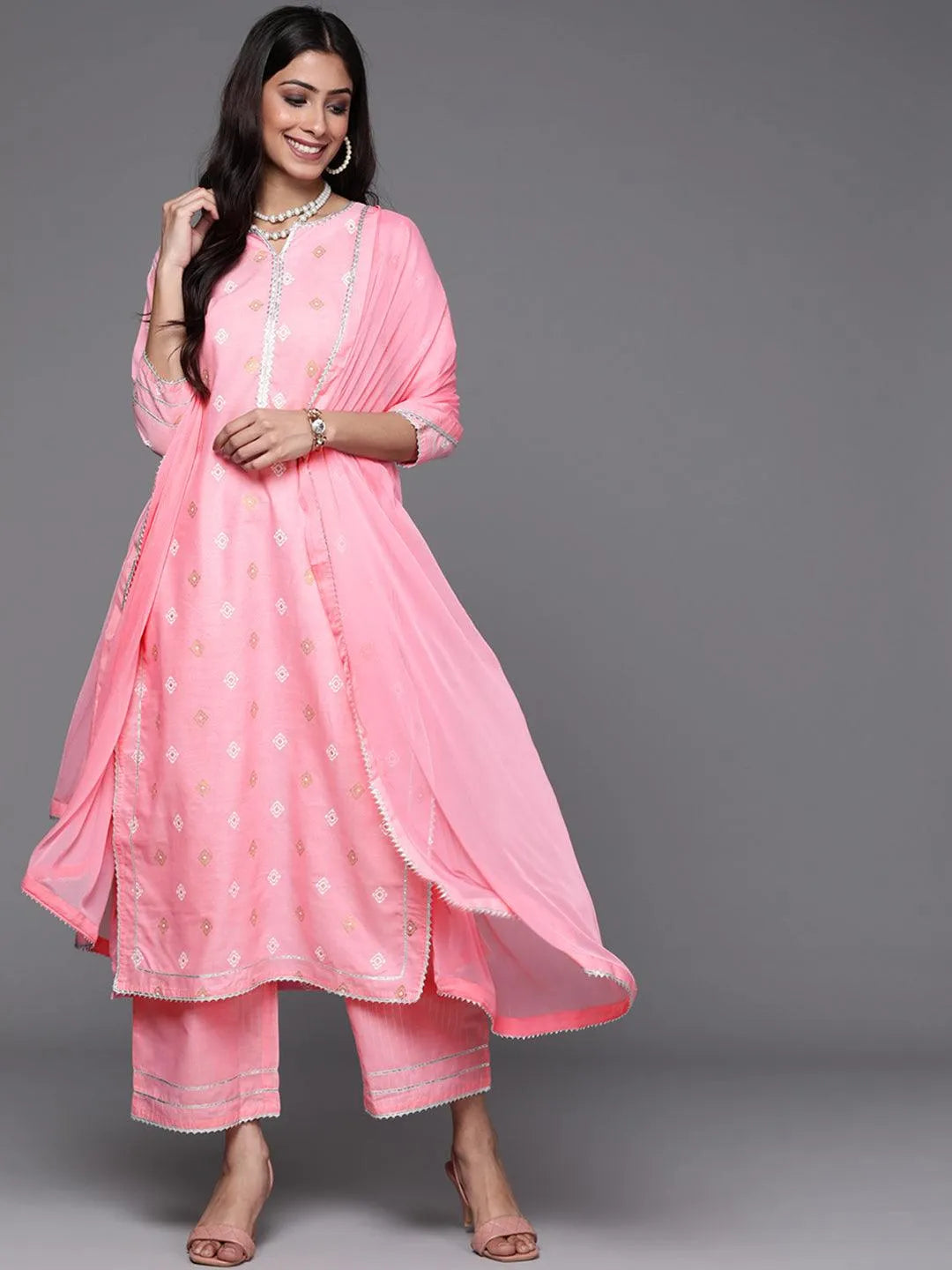 Pink Printed Cotton Suit Set - Libas 