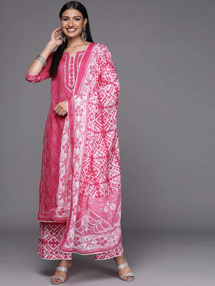 Pink Printed Cotton Straight Suit Set - Libas