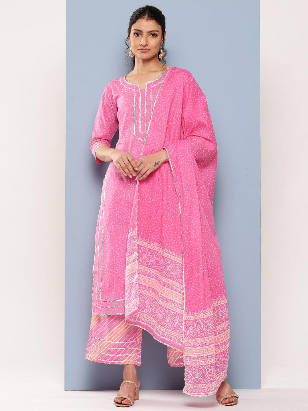 Pink Printed Cotton Straight Suit Set With Palazzos - Libas