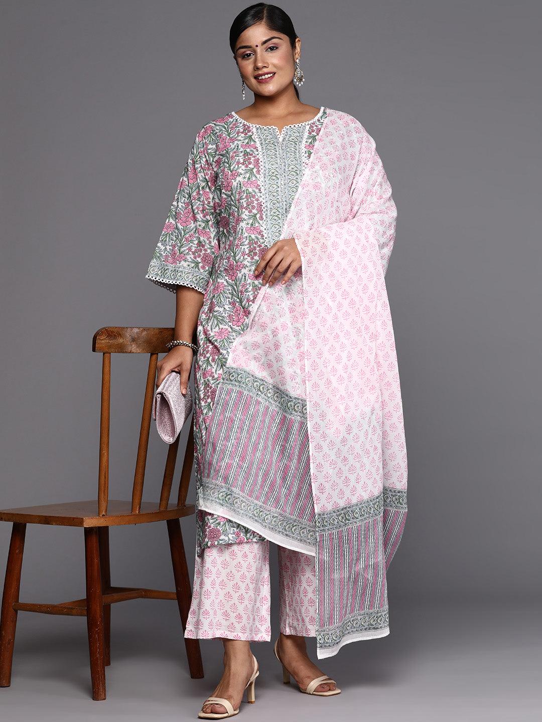 Pink Printed Cotton Straight Kurta With Palazzos & Dupatta - Libas