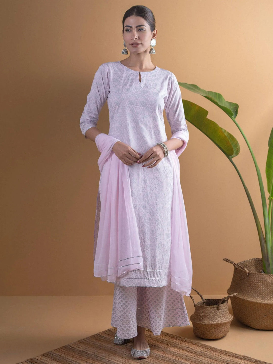 Pink Printed Cotton Suit Set - Libas 