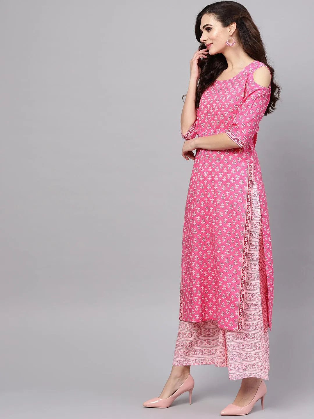 Pink Printed Cotton Suit Set - Libas 