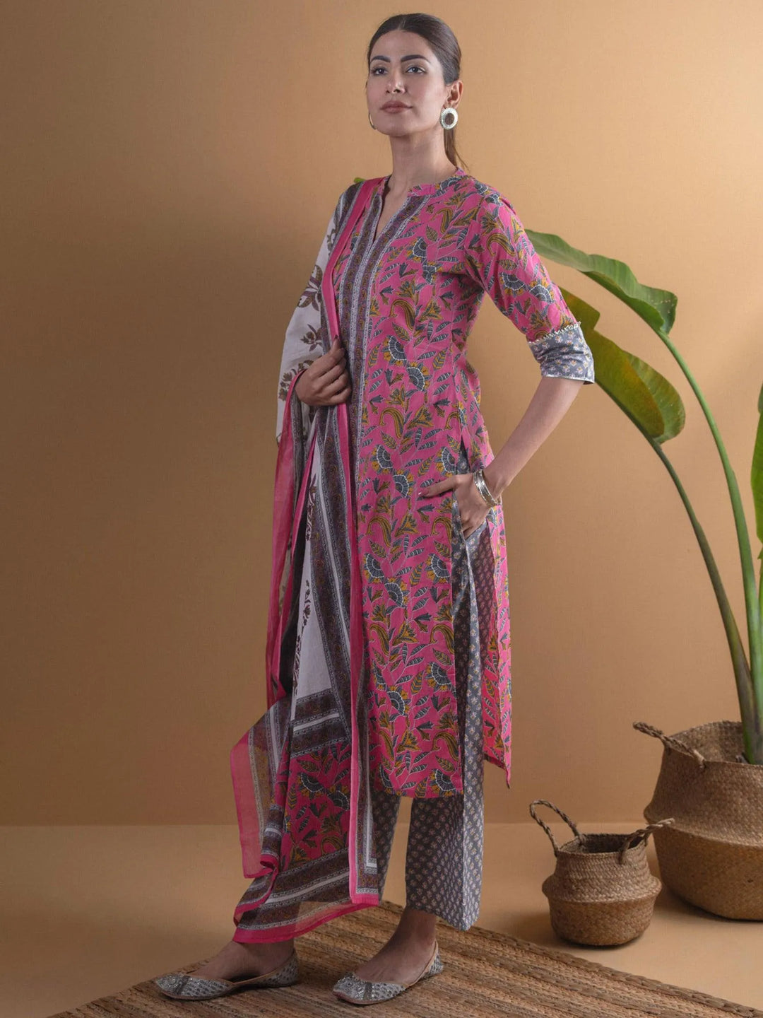 Pink Printed Cotton Suit Set - Libas 