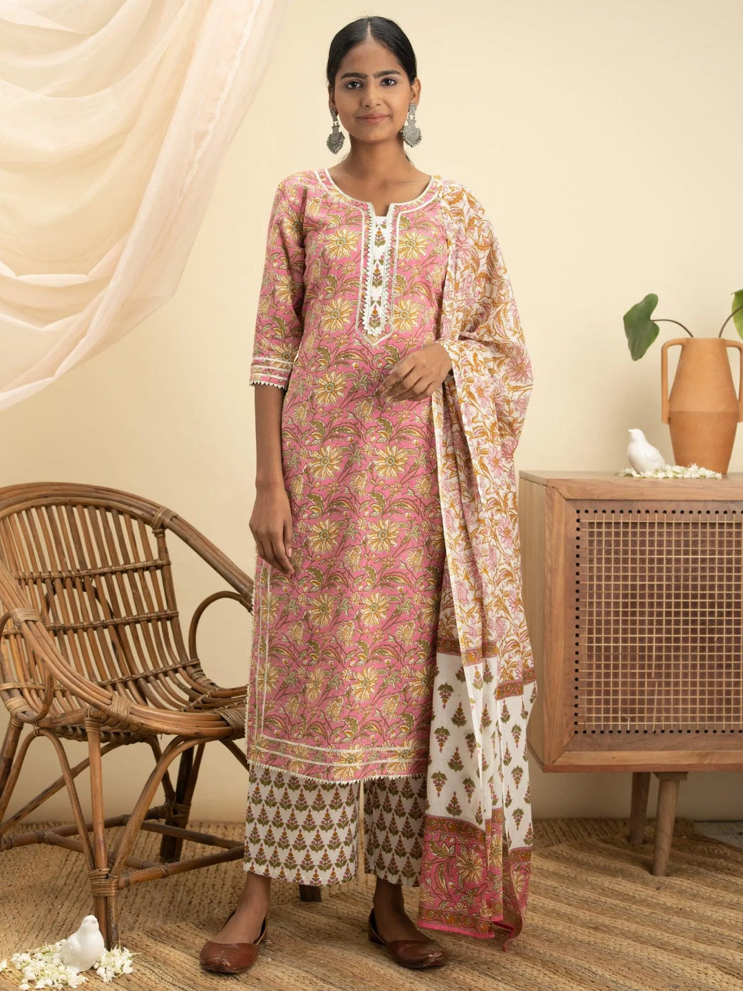 Pink Printed Cotton Suit Set - Libas 