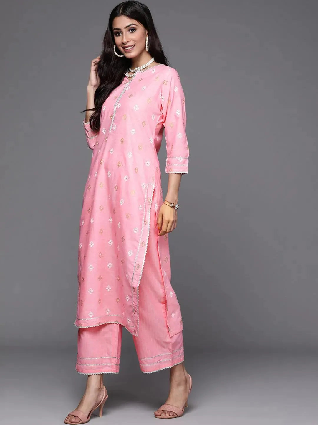 Pink Printed Cotton Suit Set - Libas 