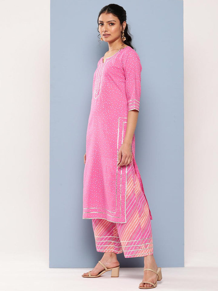 Pink Printed Cotton Straight Suit Set With Palazzos - Libas