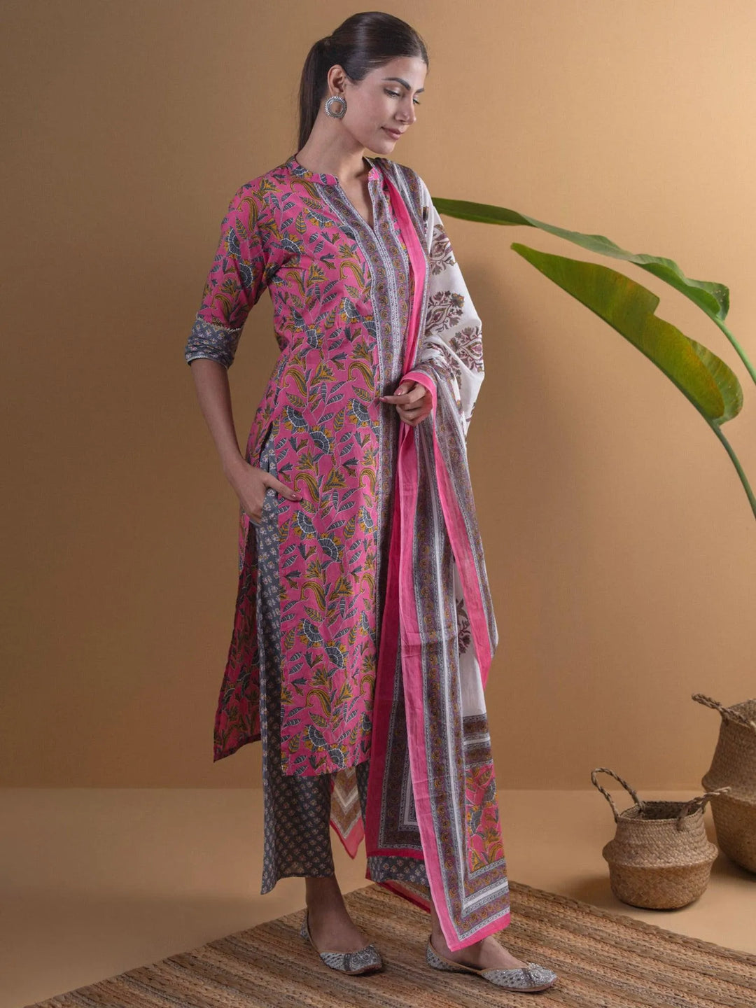 Pink Printed Cotton Suit Set - Libas 