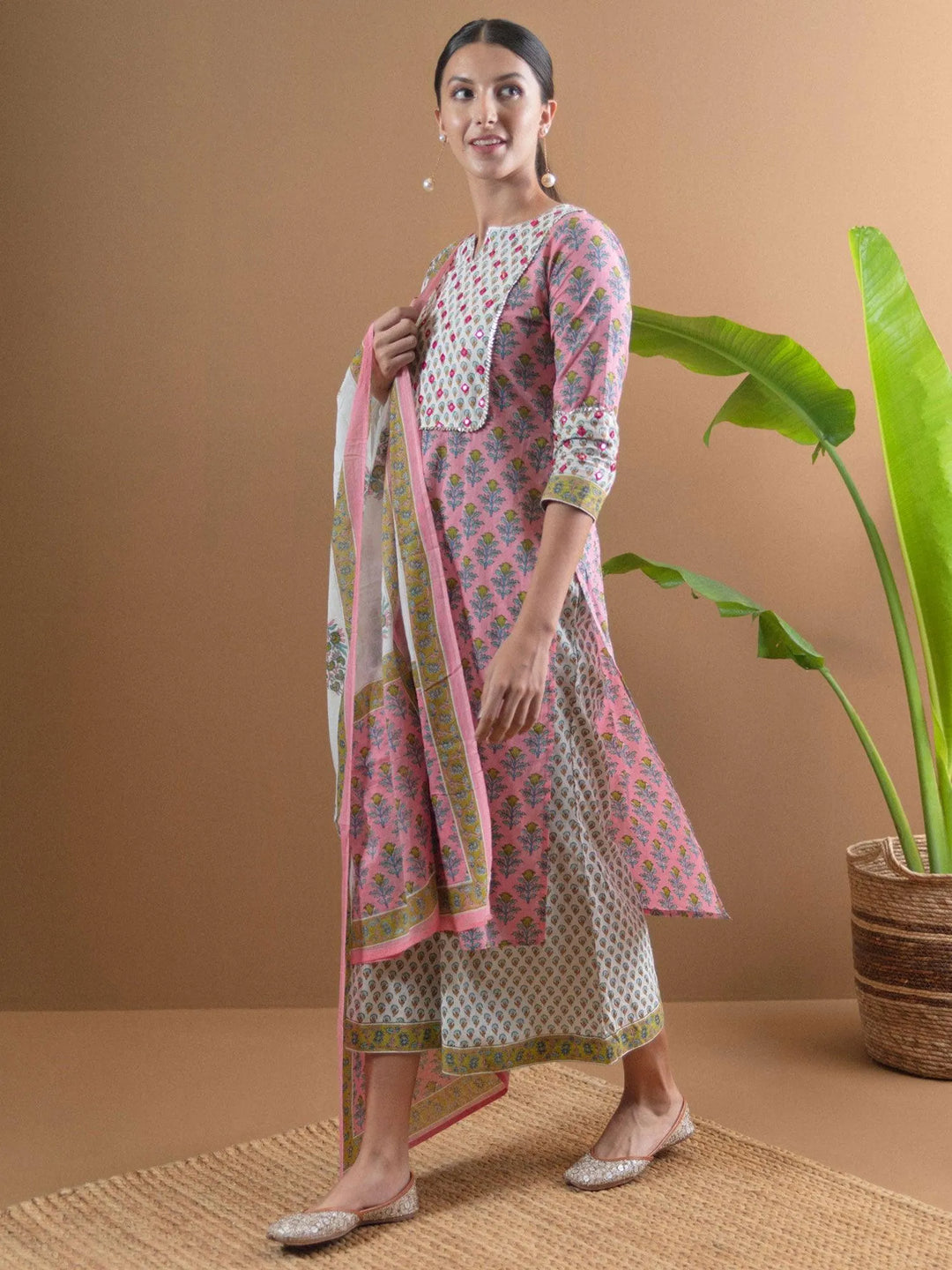 Pink Printed Cotton Suit Set With Mask - Libas