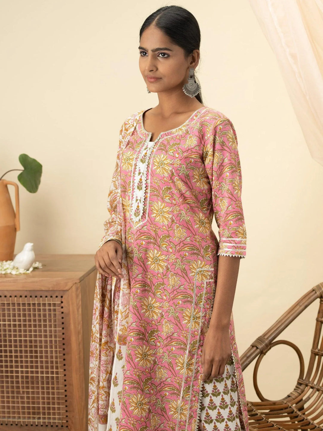 Pink Printed Cotton Suit Set - Libas 