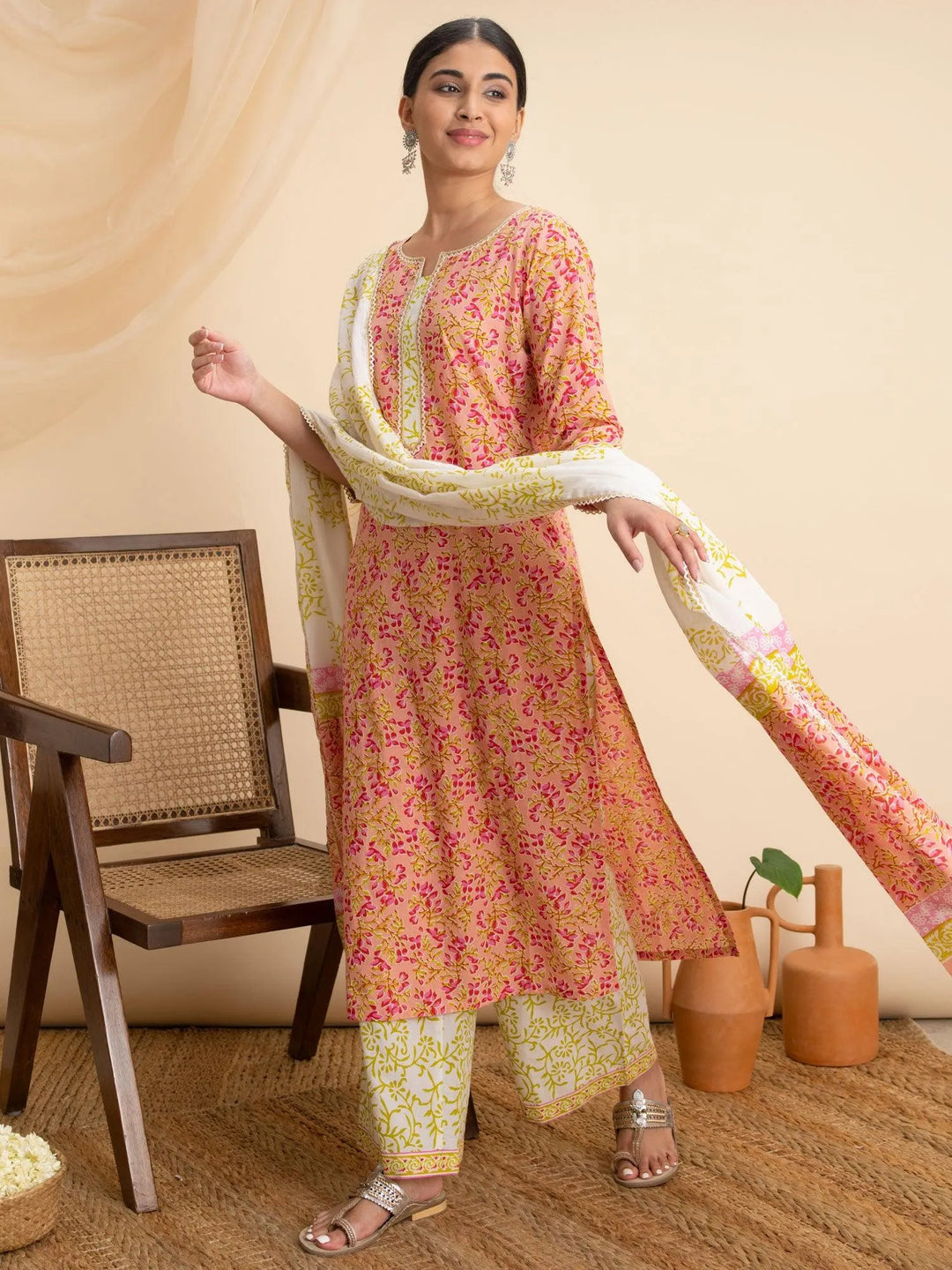 Pink Printed Cotton Suit Set - Libas 