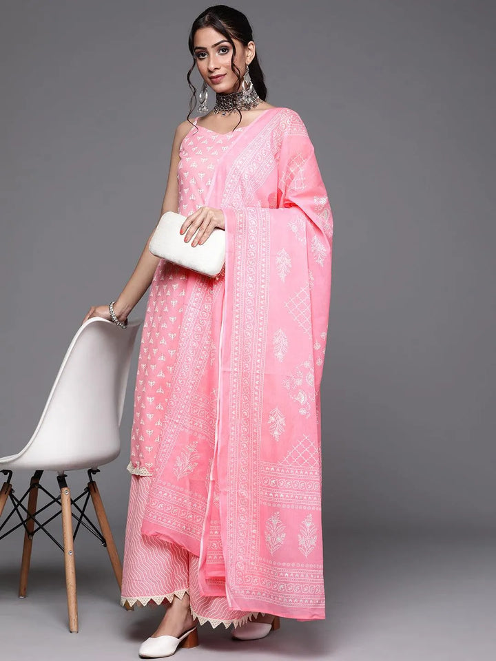 Pink Printed Cotton Suit Set - Libas